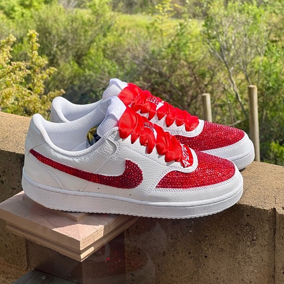 Nike Shoes - Custom Red Bling Nike Court Vision Bling Sneakers, Rhinestone Wedding Shoes